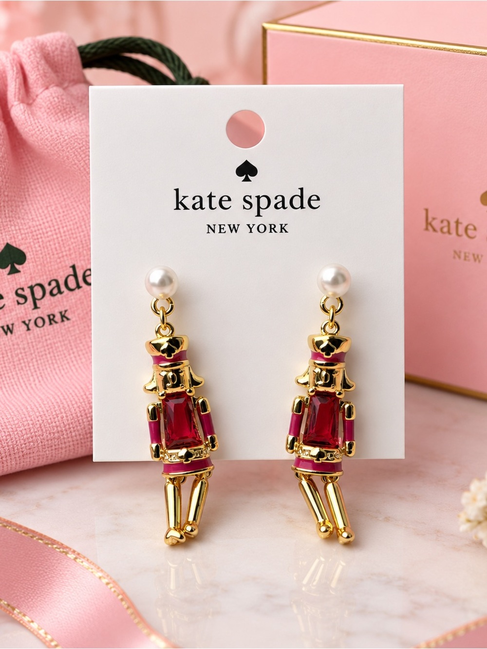 kate spade Pink and Gold Nutcracker Drop Earrings with Pearl Posts